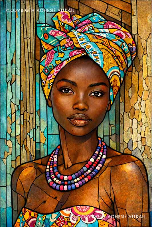 Portrait féminin en vitrail décoratif aux tons bleu et turquoise, ambiance fraîche et lumineuse