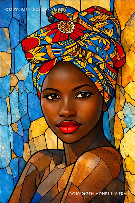 Portrait féminin élégant en vitrail décoratif aux tons bleu et or, ambiance lumineuse et raffinée