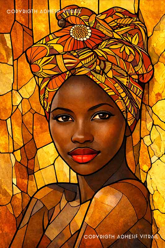 Portrait de femme stylisée en vitrail décoratif aux couleurs dorées, ambiance chaleureuse et artistique