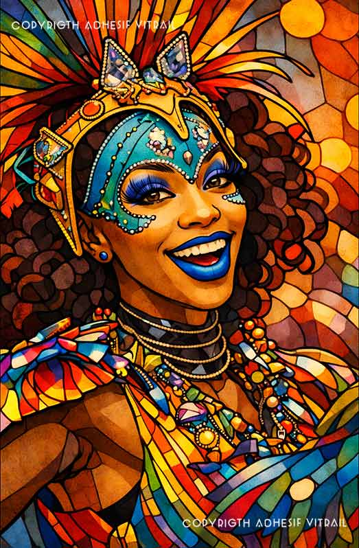 Portrait vitrail décoratif d’une femme joyeuse en tenue festive, ambiance carnaval tropical bleu