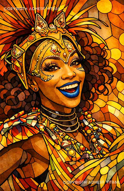 Adhésif vitrail portrait de femme souriante en ambiance carnaval, tons dorés et lumineux