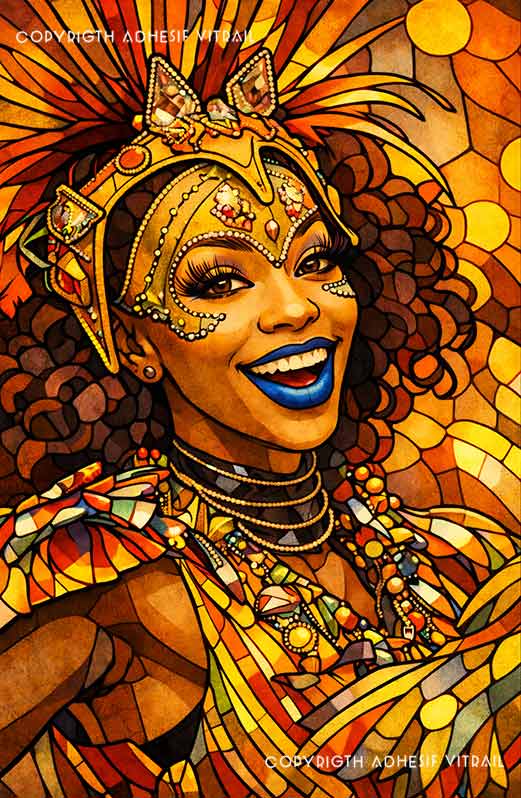 Adhésif vitrail portrait de femme souriante en ambiance carnaval, tons dorés et lumineux