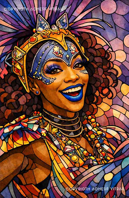Portrait artistique en vitrail d’une femme joyeuse, style carnaval tropical aux tons violets