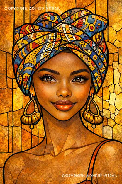 Portrait féminin en vitrail artistique aux couleurs chaudes et dorées, ambiance solaire et élégante