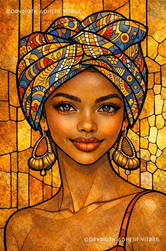 Portrait féminin en vitrail artistique aux couleurs chaudes et dorées, ambiance solaire et élégante