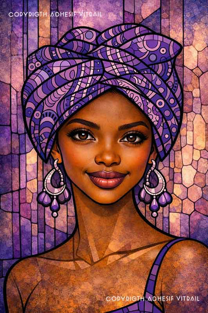 Portrait de femme en vitrail décoratif aux teintes violettes, ambiance douce et apaisante