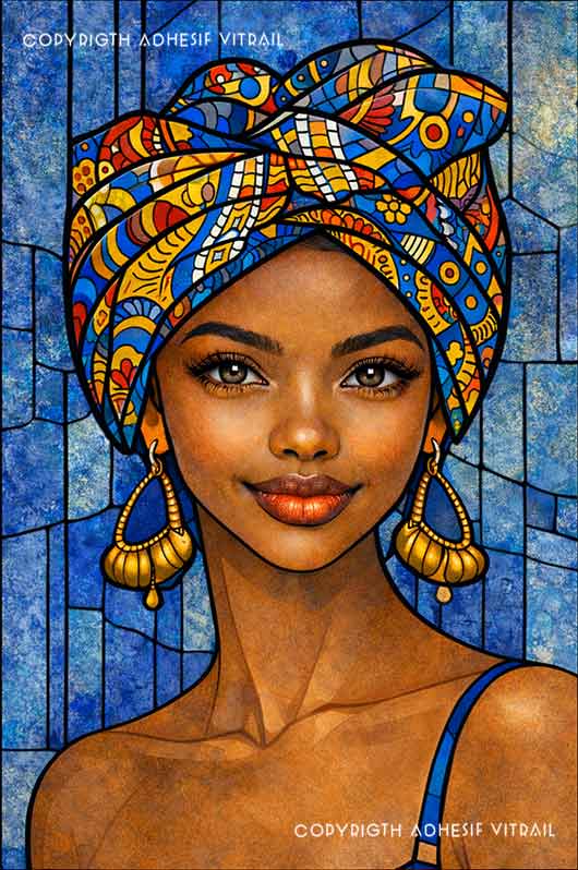 Portrait de femme souriante en vitrail décoratif aux tons bleus, ambiance fraîche et lumineuse