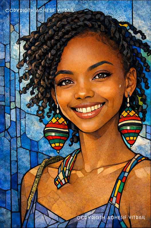 Portrait vitrail décoratif d’une femme souriante au style tropical, ambiance lumineuse bleue