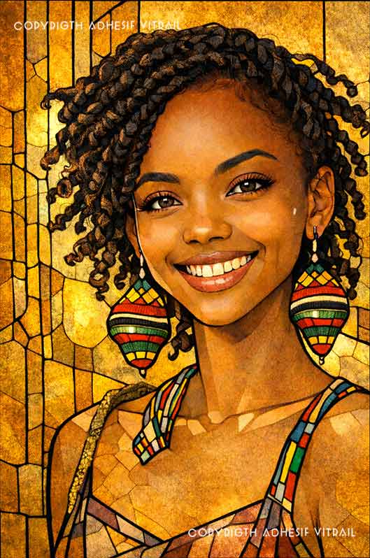 Adhésif vitrail portrait de femme souriante, style artistique tropical, tons dorés et chaleureux