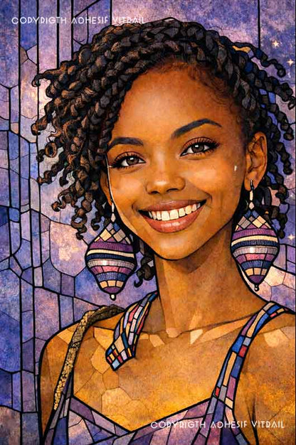 Portrait artistique en vitrail d’une femme souriante, ambiance tropicale aux tons violets