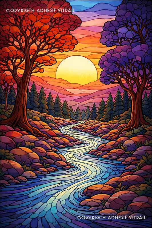Film adhésif décoratif autocollant d’inspiration vitrail paysage automnal avec rivière lumineuse, coucher de soleil et arbres rouges et violets.