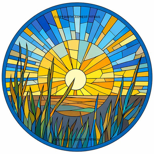 Film adhésif décoratif autocollant d’inspiration vitrail représentant un soleil rayonnant dans un paysage naturel stylisé avec herbes au premier plan et ciel bleu lumineux.