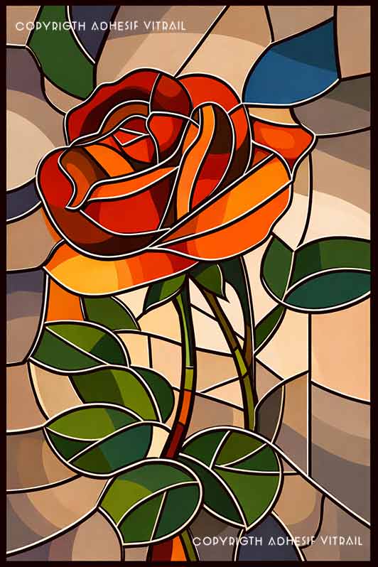 Film adhésif décoratif autocollant d’inspiration vitrail représentant une rose orange et rouge aux pétales en spirale, avec feuilles vertes sur fond beige lumineux.