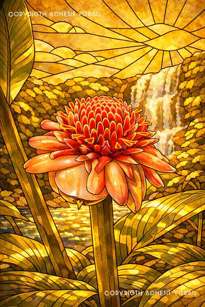 Adhésif vitrail Caraïbes représentant une fleur tropicale, rose de porcelaine, rouge avec cascade et jungle au coucher du soleil