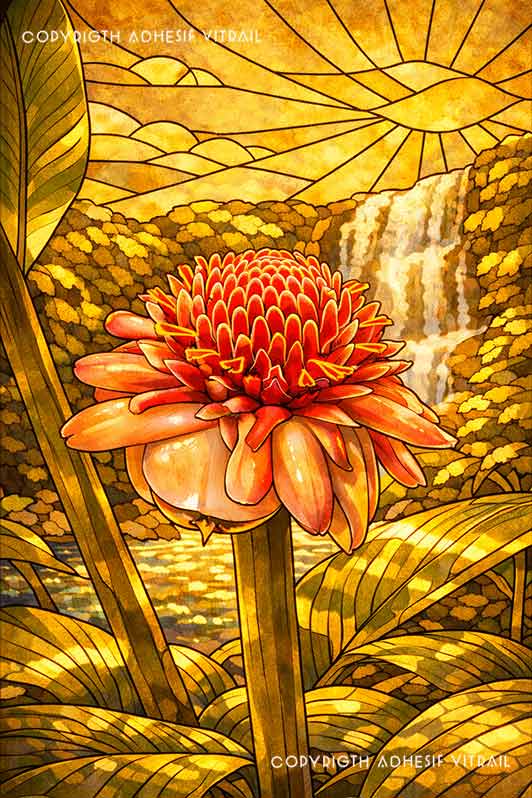 Adhésif vitrail Caraïbes représentant une fleur tropicale, rose de porcelaine, rouge avec cascade et jungle au coucher du soleil