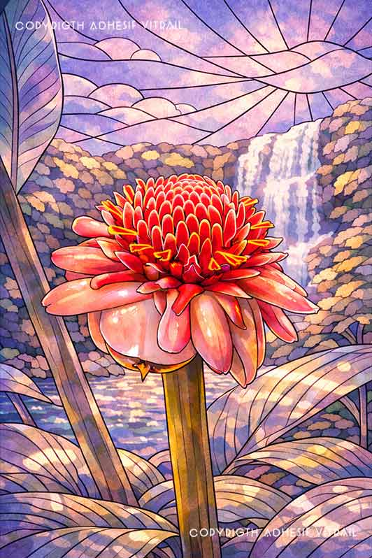 Illustration style vitrail d’une fleur tropicale rose entourée de feuillage et d’une cascade, dans des tons violets et rosés.