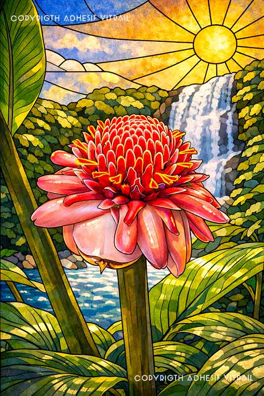 Adhésif vitrail décoratif représentant une rose de porcelaine fleur tropicale en ambiance soleil.