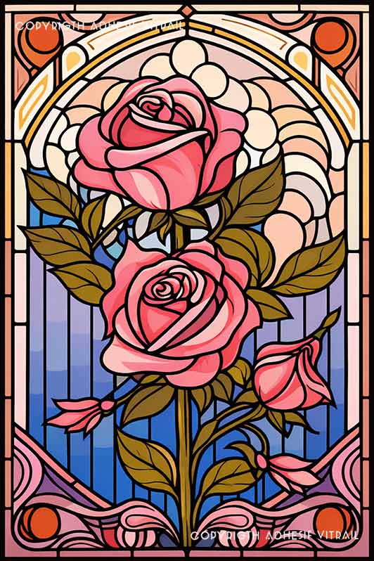 Film adhésif décoratif autocollant d’inspiration vitrail avec roses roses style art nouveau, idéal pour fenêtre et décoration florale.