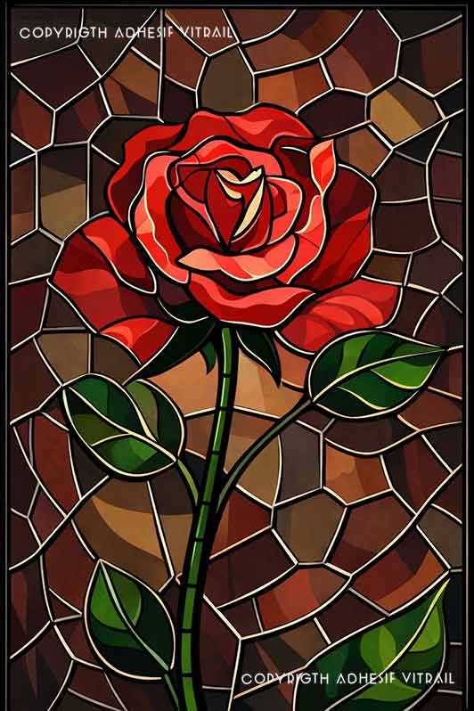 Film adhésif décoratif autocollant d’inspiration vitrail représentant une rose rouge centrée, aux pétales larges et lumineux, accompagnée de feuilles vertes élancées, sur un fond mosaïque vitrail aux teintes brun, chocolat et ambre.