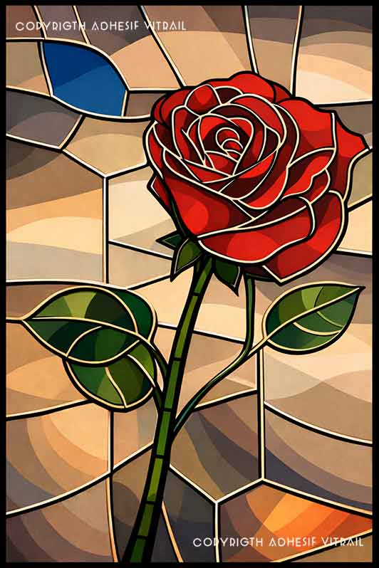 Film adhésif décoratif autocollant d’inspiration vitrail représentant une rose rouge solitaire aux pétales généreux, avec tige fine et feuilles vertes, sur un fond vitrail géométrique aux nuances beige, sable et ocre.