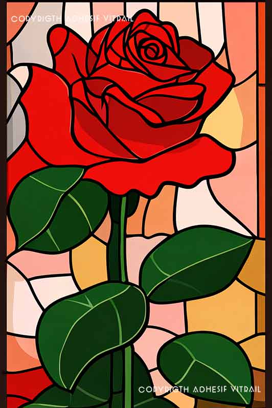 Film adhésif décoratif autocollant d’inspiration vitrail représentant une rose rouge en gros plan avec feuilles vertes sur tige, dans un panneau floral lumineux aux teintes pastel orangées.