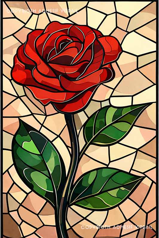 Film adhésif décoratif autocollant d’inspiration vitrail représentant une rose rouge solitaire aux pétales délicatement superposés, portée par une tige fine et des feuilles vert profond, sur un fond mosaïque vitrail aux tons beige, ivoire et sable.