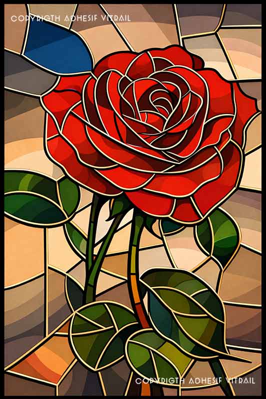 Film adhésif décoratif autocollant d’inspiration vitrail représentant une grande rose rouge au style art nouveau, avec tiges élancées et feuilles vertes, sur fond mosaïque aux tons beige et ocre lumineux.
