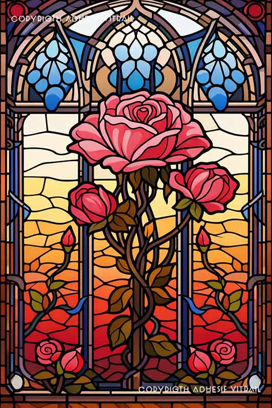 Film adhésif décoratif autocollant d’inspiration vitrail représentant trois roses roses stylisées dans une fenêtre florale Art nouveau aux tons chauds et lumineux.