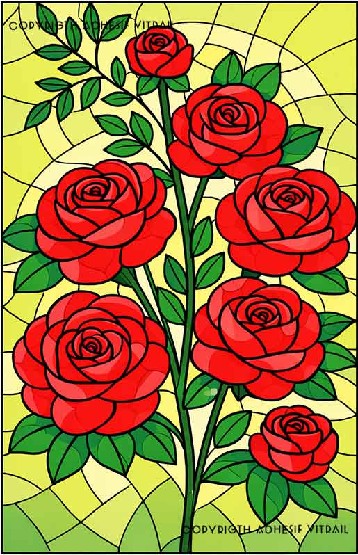 Film adhésif décoratif autocollant d’inspiration vitrail avec roses rouges pour décoration de fenêtre lumineuse et élégante.