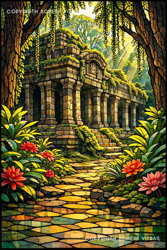 Film adhésif décoratif autocollant d’inspiration vitrail représentant des ruines de temple ancien au cœur d’une jungle tropicale.