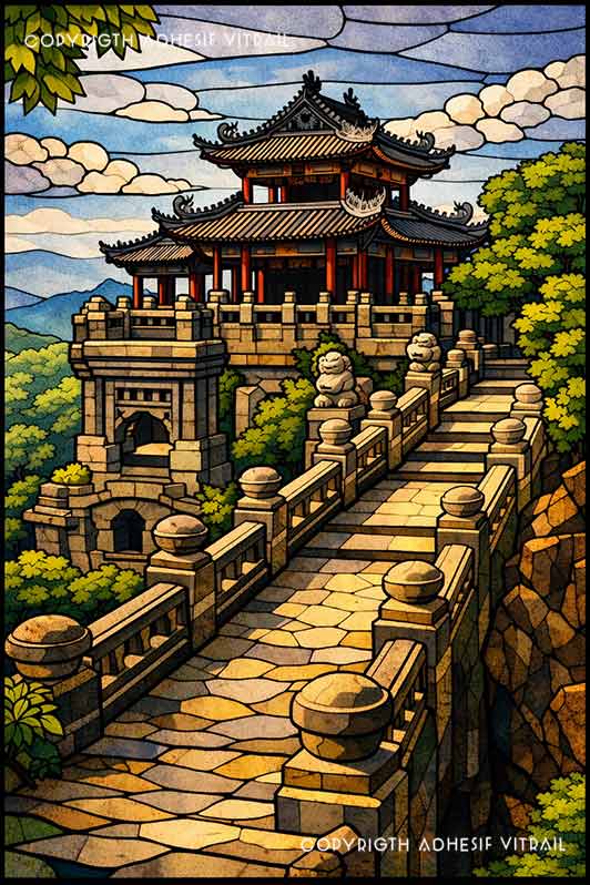 Film adhésif décoratif autocollant d’inspiration vitrail représentant un temple asiatique traditionnel avec pont en pierre et jardin paysager.