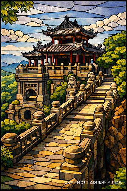 Film adhésif décoratif autocollant d’inspiration vitrail représentant un temple asiatique traditionnel avec pont en pierre et jardin paysager.