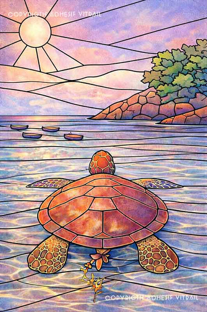 Illustration style vitrail d’une tortue marine dans une mer calme des Caraïbes sous un ciel rosé, avec île tropicale à l’horizon.