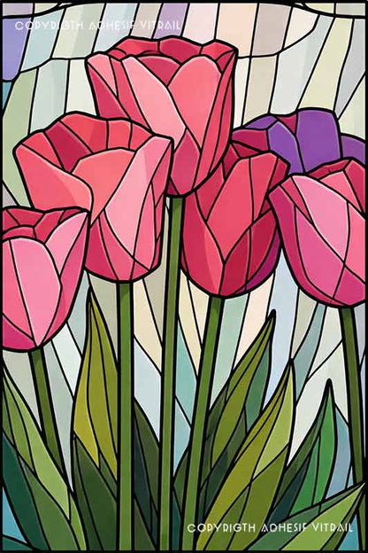Film adhésif décoratif autocollant d’inspiration vitrail avec tulipes roses pour décoration de fenêtre florale et lumineuse.