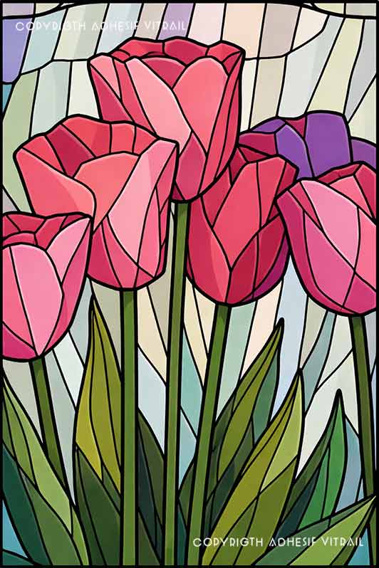 Film adhésif décoratif autocollant d’inspiration vitrail avec tulipes roses pour décoration de fenêtre florale et lumineuse.