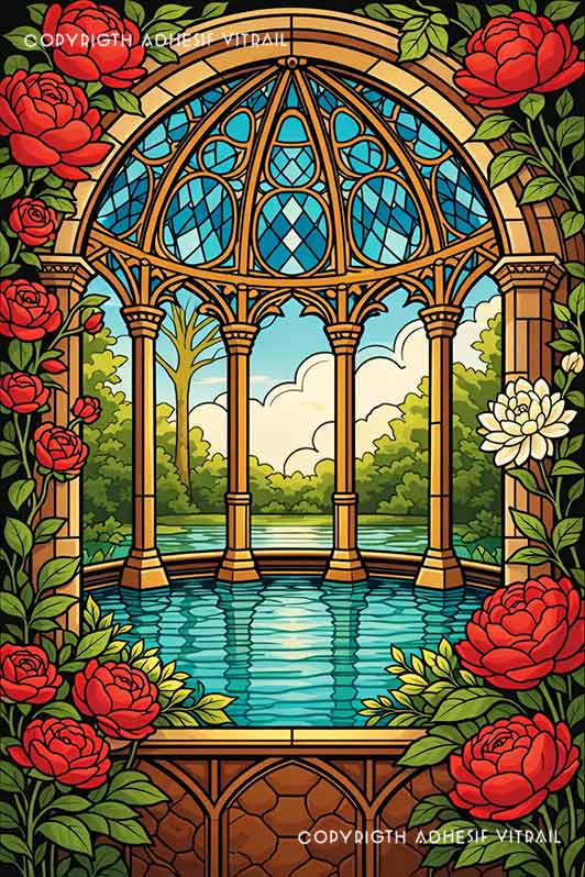 Film adhésif décoratif autocollant d’inspiration vitrail représentant une verrière élégante avec colonnes, bassin d’eau et roses rouges dans un jardin romantique lumineux.