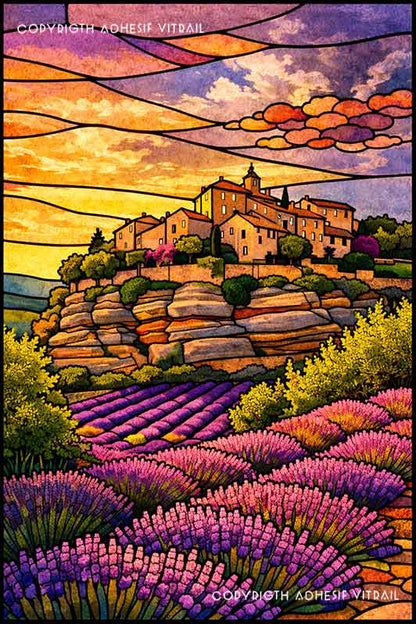 Film adhésif décoratif autocollant d’inspiration vitrail représentant un village perché de Provence entouré de champs de lavande.