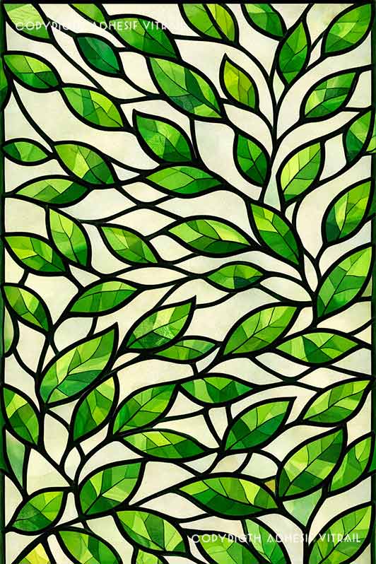 Film adhésif décoratif autocollant d’inspiration vitrail traditionnel à feuillage dense vert, idéal pour fenêtre ou surface vitrée.