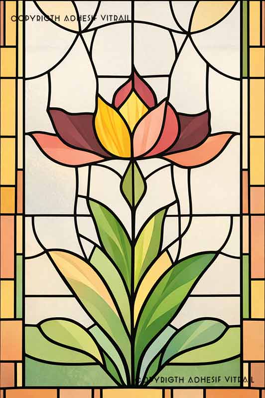 Film adhésif décoratif autocollant d’inspiration vitrail traditionnel avec fleur centrale stylisée, idéal pour fenêtre ou paroi de douche, ambiance lumineuse.