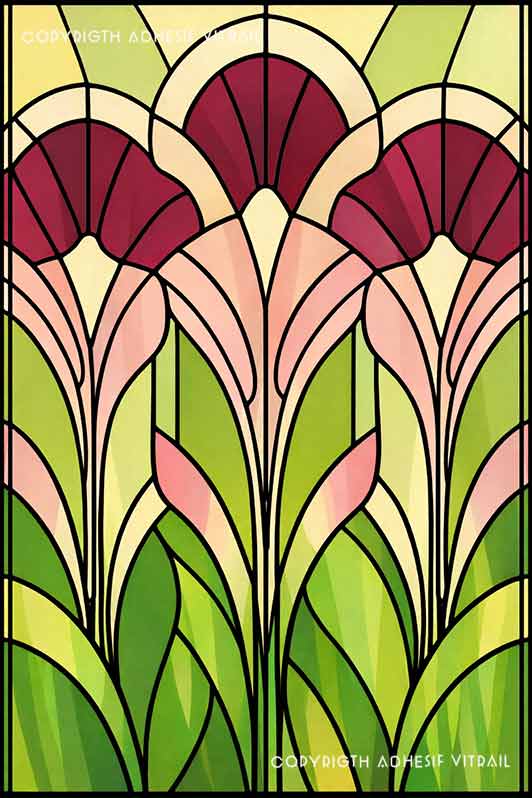 Film adhésif décoratif autocollant d’inspiration vitrail traditionnel à motif floral Art nouveau, idéal pour fenêtre ou surface vitrée, ambiance végétale.