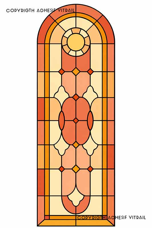 Film adhésif décoratif autocollant d’inspiration vitrail traditionnel en panneau cintré orange géométrique, idéal pour fenêtre ou paroi de douche.