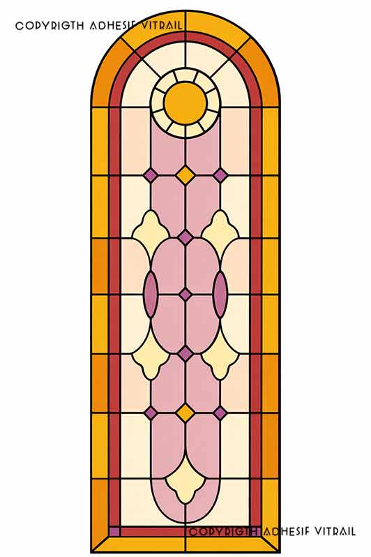 Film adhésif décoratif autocollant d’inspiration vitrail traditionnel en panneau cintré rose et jaune, idéal pour fenêtre ou surface vitrée.