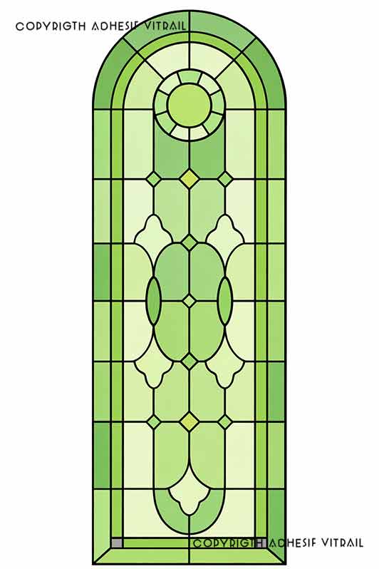 Film adhésif décoratif autocollant d’inspiration vitrail traditionnel en panneau cintré vert géométrique, idéal pour surface vitrée, ambiance naturelle.