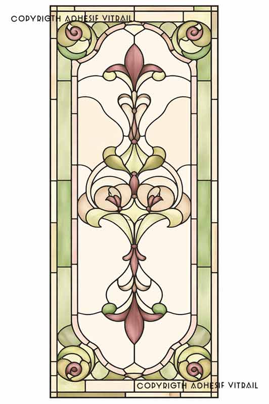 Film adhésif décoratif autocollant d’inspiration vitrail traditionnel à panneau floral ancien aux tons doux, idéal pour fenêtre.