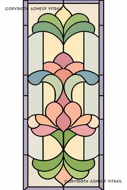 Film adhésif décoratif autocollant d’inspiration vitrail traditionnel à panneau floral symétrique pastel, idéal pour fenêtre ou surface vitrée.
