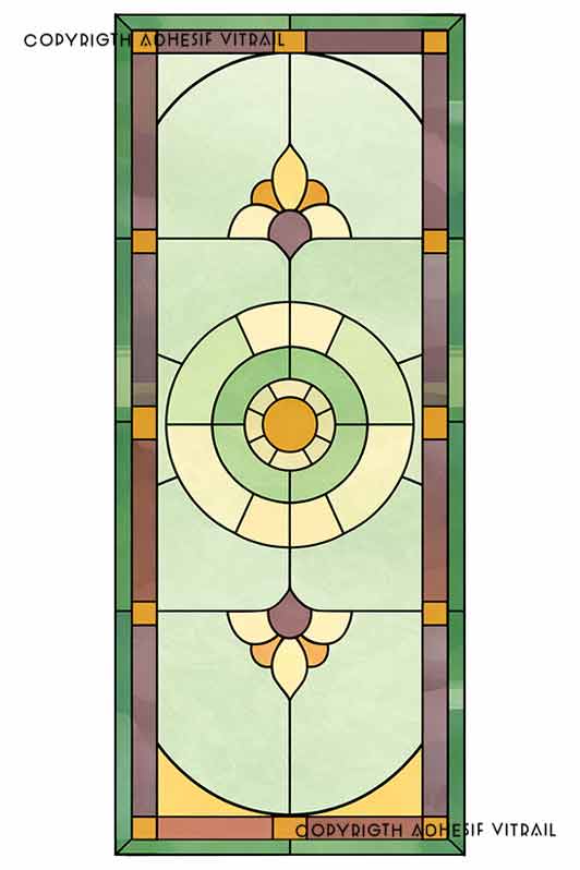 Film adhésif décoratif autocollant d’inspiration vitrail traditionnel à panneau géométrique avec médaillon central vert, idéal pour fenêtre.