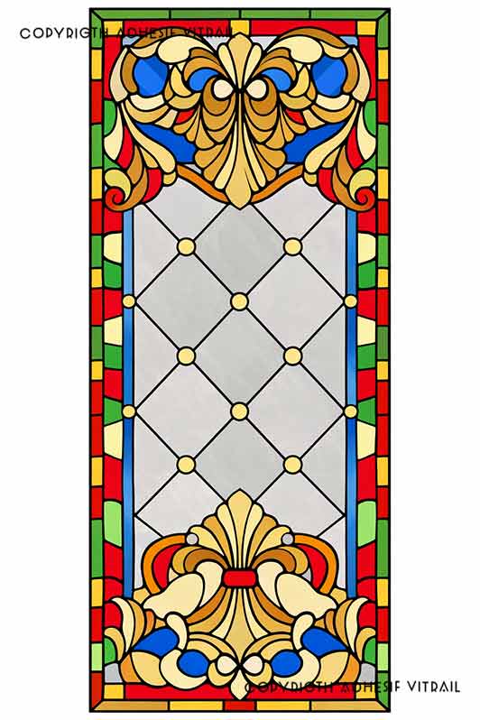 Film adhésif décoratif autocollant d’inspiration vitrail traditionnel à panneau ornemental classique multicolore, idéal pour fenêtre.