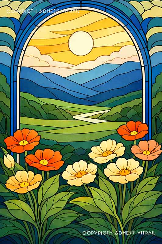 Film adhésif décoratif autocollant d’inspiration vitrail paysage de vallée ensoleillée avec fleurs et arche décorative.