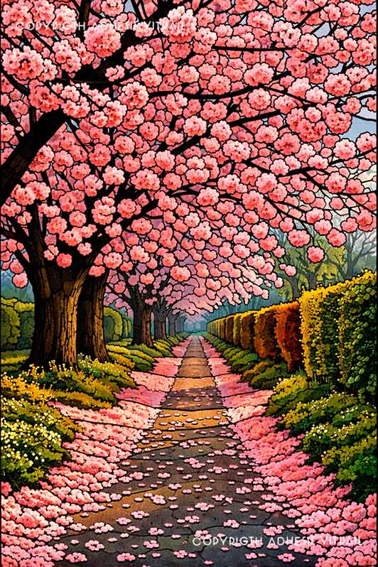 Film adhésif décoratif d’inspiration vitrail représentant une allée bordée de cerisiers en fleurs roses, pétales au sol et perspective végétale.