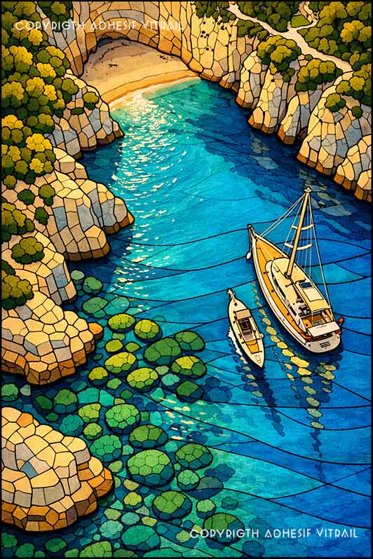 Film adhésif décoratif autocollant d’inspiration vitrail représentant une crique aux eaux bleues avec bateaux et falaises, ambiance bord de mer